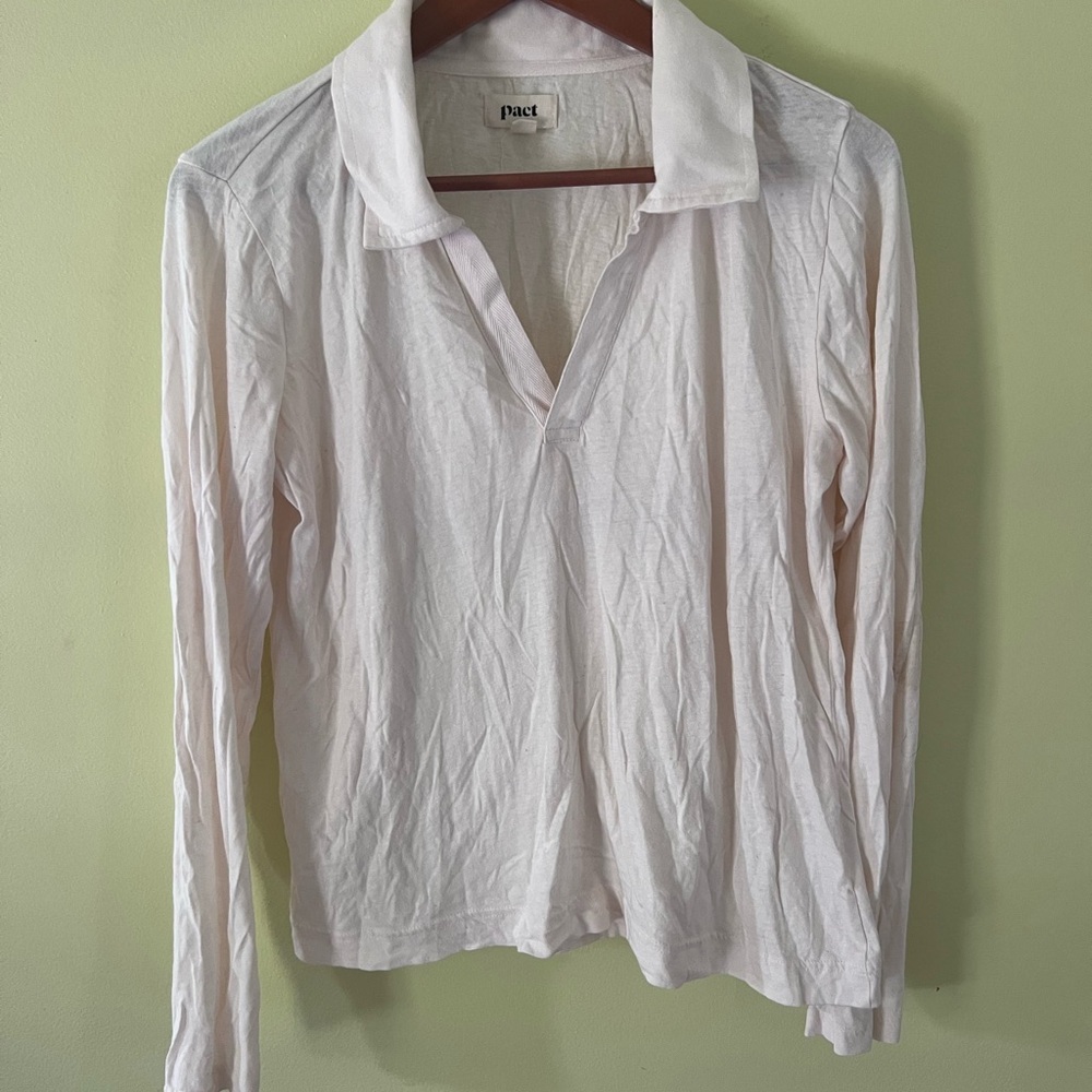Pact Cream Fitted Ribbed Long Sleeve Polo Shirt